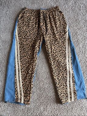 BiBi Leopard Print Wide Leg Pants with Blue Side Panels